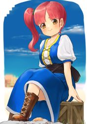 Rule 34 | 1girl, blue dress, blue sky, blurry, blurry background, blush, boots, breasts, brown eyes, brown footwear, character request, closed mouth, cloud, commentary request, crate, cross-laced footwear, day, depth of field, dragon quest, dragon quest builders 2, dress, eyebrows hidden by hair, fingernails, highres, lace-up boots, long hair, puffy short sleeves, puffy sleeves, red hair, shirt, short sleeves, side ponytail, sitting, sky, sleeveless, sleeveless dress, small breasts, smile, solo, suzuki puramo, white shirt