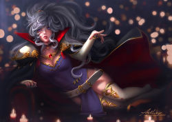 Rule 34 | 1girl, arkuny, breasts, cleavage, collar, fire emblem, fire emblem: genealogy of the holy war, fire emblem heroes, ishtar (fire emblem), jewelry, lying, nintendo, on side, purple eyes, shoulder pads, silver hair, solo, thighhighs, white thighhighs