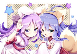 Rule 34 | &gt; o, 2girls, :3, absurdres, ahoge, alternate costume, animal ear fluff, animal ears, arms up, blue hair, blush, border, closed mouth, commentary request, crossed arms, double fox shadow puppet, fake animal ears, fox ears, fox shadow puppet, fox tail, frown, green eyes, hair between eyes, hakama, highres, hiiragi kagami, izumi konata, japanese clothes, jitome, kimono, long hair, looking at viewer, lucky star, miko, mole, mole under eye, multiple girls, one eye closed, open mouth, polka dot, polka dot background, puffy short sleeves, puffy sleeves, purple eyes, purple hair, rabbit ears, rabbit pose, red hakama, shira 461, shirt, short sleeves, sidelocks, simple background, skirt, smile, star (symbol), tail, tsurime, white border, white kimono, white shirt, white skirt, yellow background