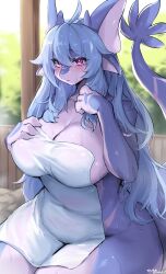 Rule 34 | 1girl, absurdres, ahoge, animal ears, aruri (whooo-ya), blue hair, blurry, blurry background, blush, borrowed character, breasts, cleavage, covering privates, curvy, furry, furry female, hair between eyes, highres, huge breasts, large breasts, long hair, looking at viewer, naked towel, nude cover, original, pink eyes, plump, solo, suurin (ksyaro), tail, thick thighs, thighs, towel, twitter username, wet, wide hips