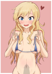 Rule 34 | 10s, 1girl, absurdres, artist request, bikini, bikini top only, blonde hair, blue bikini, blue eyes, blush, breasts, erection, heart, highres, holding, holding bikini top, idolmaster, idolmaster cinderella girls, long hair, looking at viewer, medium breasts, micro bikini, navel, nipples, nude, ohtsuki yui, open mouth, out-of-frame censoring, penis awe, penis shadow, pink background, shadow, simple background, smile, solo, standing, swimsuit