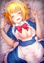 Rule 34 | 1girl, ^ ^, absurdres, apron, bed sheet, blonde hair, blue dress, blush, bow, bowtie, breasts, clenched hand, closed eyes, commentary request, cowboy shot, crying, dress, facing viewer, hands up, highres, large breasts, lying, maid, maid headdress, mugetsu (touhou), on back, open mouth, petticoat, puffy short sleeves, puffy sleeves, red bow, red bowtie, sea scorpion (umisasori), shirt, short hair, short sleeves, sidelocks, solo, tears, touhou, touhou (pc-98), unbuttoned, unbuttoned shirt, waist apron, white apron, white shirt, wing collar