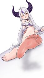 Rule 34 | 1girl, absurdres, barefoot, feet, highres, hololive, horns, la+ darknesss, light blush, long hair, looking at viewer, open mouth, pointy ears, silver hair, soles, toes, virtual youtuber, yellow eyes