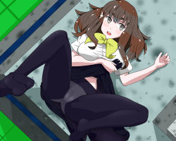 Rule 34 | 10s, 1girl, :o, black pantyhose, black skirt, bow, bow panties, breasts, brown eyes, brown hair, cameltoe, clothes lift, feet, foot focus, from above, gatchaman crowds, hair ornament, ichinose hajime, kapo, large breasts, leg up, long hair, lying, no shoes, on back, open mouth, panties, panties under pantyhose, pantyhose, presenting, skirt, skirt lift, solo, toes, underwear, white panties, yellow bow