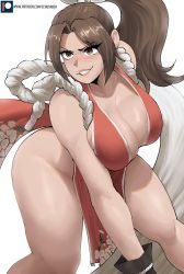 Rule 34 | 1girl, absurdres, artist name, bare legs, bare shoulders, breasts, brown eyes, brown hair, cleavage, collarbone, covered erect nipples, echo saber, eyelashes, fatal fury, floral print, groin, hair ribbon, high ponytail, highres, japanese clothes, knees, large breasts, leaning forward, legs apart, lips, long hair, ninja, parted bangs, parted lips, patreon logo, patreon username, pelvic curtain, ponytail, revealing clothes, ribbon, rope, shiranui mai, sideboob, simple background, sleeveless, smirk, snk, solo, stance, standing, the king of fighters, the king of fighters xiv, thick thighs, thighs, watermark, web address, white background, white ribbon, wide hips, wrist guards