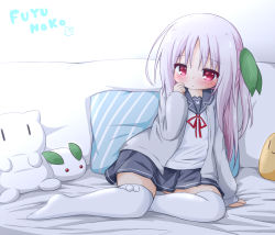 Rule 34 | 1girl, arm support, bed sheet, blush, character name, closed mouth, full body, fuyuno usako, grey jacket, grey sailor collar, grey skirt, hair ornament, hand up, highres, jacket, leaf hair ornament, long hair, long sleeves, looking at viewer, neck ribbon, no shoes, one side up, open clothes, open jacket, original, parted bangs, pillow, pleated skirt, puffy long sleeves, puffy sleeves, purple hair, red eyes, red ribbon, ri-net, ribbon, sailor collar, school uniform, serafuku, shirt, skirt, sleeves past wrists, snow rabbit, solo, stuffed animal, stuffed toy, teddy bear, thighhighs, very long hair, white shirt, white thighhighs