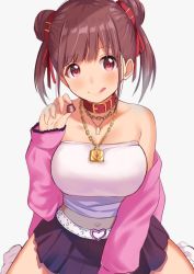 Rule 34 | 1girl, :q, bare shoulders, belt, belt collar, black skirt, breasts, brown hair, chain, chocolate, closed mouth, collar, collarbone, commentary request, crop top, double bun, food, grey background, hair ribbon, hand up, holding, holding food, idolmaster, idolmaster shiny colors, jacket, jewelry, koukoku, lock, long hair, long sleeves, looking at viewer, medium breasts, midriff, miniskirt, navel, necklace, off shoulder, open clothes, open jacket, padlock, pink jacket, red eyes, red ribbon, ribbon, sidelocks, simple background, sitting, skirt, smile, solo, sonoda chiyoko, strapless, tongue, tongue out, tube top, twintails, wariza, white legwear
