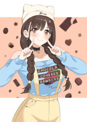 Rule 34 | 0-toki, 1girl, absurdres, animal hat, bare shoulders, blue shirt, blush, braid, breasts, brown eyes, brown hair, candy, cat hat, chocolate, chocolate bar, chocolate heart, choker, closed mouth, collarbone, cowboy shot, earrings, english text, eyes visible through hair, food, hair between eyes, hat, heart, highres, idolmaster, idolmaster shiny colors, index finger raised, index fingers raised, jewelry, long hair, long sleeves, looking at viewer, medium breasts, off-shoulder shirt, off shoulder, overall skirt, pink background, shirt, simple background, skirt, smile, solo, sonoda chiyoko, twin braids, two-tone background, white background, yellow skirt