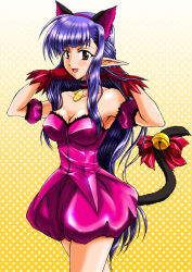 Rule 34 | 1girl, animal ears, arm garter, armpits, bare shoulders, bell, blue hair, blush, bow, breasts, cat ears, cat girl, cat tail, choker, cleavage, cosplay, crossover, dress, elf, female focus, gloves, gradient background, jewelry, jingle bell, leotard, long hair, magical girl, medium breasts, mew ichigo, mew ichigo (cosplay), necklace, nerine, open mouth, pointy ears, purple hair, red eyes, red gloves, sandgarden, shuffle!, solo, strapless, strapless dress, tail, tail bell, tail bow, tail ornament, tokyo mew mew, very long hair, yellow background