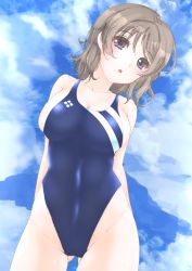 Rule 34 | 10s, 1girl, arms behind back, blue eyes, blue one-piece swimsuit, breasts, brown hair, cloud, competition swimsuit, day, eyebrows, frapowa, love live!, love live! sunshine!!, one-piece swimsuit, open mouth, outdoors, short hair, sideboob, sky, solo, standing, swimsuit, watanabe you
