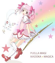 Rule 34 | 10s, 1girl, blush, bow, bow (weapon), bubble skirt, copyright name, dress, gloves, hair bow, hair ribbon, kaname madoka, kneehighs, kuuyuu, kyubey, magical girl, mahou shoujo madoka magica, mahou shoujo madoka magica (anime), open mouth, pink eyes, pink hair, rainbow, ribbon, shoes, short twintails, skirt, smile, socks, twintails, weapon