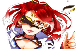 Rule 34 | 1girl, breasts, cleavage, dress, earrings, hair ornament, lips, long hair, mask, multicolored hair, open mouth, ponytail, red eyes, red hair, seres (tales), tales of (series), tales of berseria