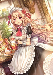 Rule 34 | 1girl, :d, apron, ascot, blonde hair, blush, cake, clock, cup, flower, food, frills, fruit, hair ornament, hairclip, headdress, highres, holding, hourglass, long hair, looking at viewer, macaron, madogawa, maid, maid apron, maid headdress, muffin, open mouth, original, plant, red eyes, saucer, smile, solo, strawberry, sunlight, teacup, teapot, tiered tray, tray, vase, window, wrist cuffs