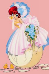 Rule 34 | 1990s (style), 1girl, animal, bird, blue eyes, bouquet, chick, cracked egg, dress, elbow gloves, flower, gloves, hair flower, hair ornament, holding, holding animal, holding bouquet, looking at viewer, nakajima atsuko, official art, open mouth, pink dress, pink gloves, ranma-chan, ranma 1/2, red hair, retro artstyle, saotome ranma, solo, strapless, strapless dress, wedding dress