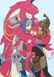Rule 34 | 1girl, 3boys, armor, blonde hair, blush, brother and sister, dual persona, closed eyes, fish girl, gloves, hair ornament, hat, highres, hug, jewelry, kandori makoto, link, long hair, mipha, monster boy, multiple boys, nintendo, pointy ears, red hair, siblings, sidon, smile, the legend of zelda, the legend of zelda: breath of the wild, yellow eyes, zora