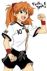 Rule 34 | !, 1girl, 2010 fifa world cup, 4chan, adidas, artist request, brown hair, clothes writing, drawfag, english text, germany, neon genesis evangelion, open mouth, profanity, shorts, soccer, solo, souryuu asuka langley, source request, text focus, world cup, wristband