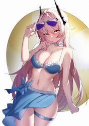 1girl absurdres alternate_costume arknights arm_up bikini black_horns blue_bikini blue_bow blue_sarong bow breasts chinese_commentary cleavage closed_mouth collarbone commentary_request cowboy_shot eyes_visible_through_hair eyewear_on_head flower frilled_bikini frills hair_between_eyes heart heart-shaped_pupils highres holding holding_swim_ring horns innertube lahz52 large_breasts long_hair looking_at_viewer navel partial_commentary pink_eyes pink_hair purple-tinted_eyewear removing_eyewear sarong solo standing swim_ring swimsuit symbol-shaped_pupils theresa_(arknights) thigh_strap tinted_eyewear water wet white_flower