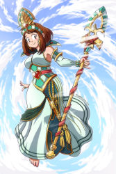 Rule 34 | 1girl, 2019, alarielle the radiant, alarielle the radiant (cosplay), barefoot, blush stickers, boku no hero academia, breasts, brown eyes, brown hair, commentary, cosplay, dated, detached sleeves, dress, english commentary, floating, headdress, heart, highres, holding, holding staff, jewelry, large breasts, linker, looking at viewer, looking down, pinky ring, ring, short hair, sleeveless, sleeveless dress, smile, solo, staff, thumb ring, twitter username, uraraka ochako, warhammer fantasy, white dress
