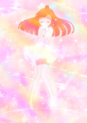 Rule 34 | 1girl, barefoot, closed eyes, commentary request, dress, full body, glowing dress, hair bun, hair ribbon, henshin, highres, hirogaru sky! precure, holding, kyanos (b 0000ff), light particles, long hair, multicolored background, nijigaoka mashiro, partial commentary, pink hair, precure, ribbon, short dress, single hair bun, sky mirage, sleeveless, sleeveless dress, solo, sparkle, standing, white ribbon, wind, wind lift