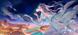 Rule 34 | 1girl, absurdres, bare shoulders, black hair, blue dress, blue eyes, bridge, building, butterfly hair ornament, closed mouth, douluo dalu, dress, floating hair, hair ornament, hand up, highres, leg up, long hair, long sleeves, moon, night, ning rongrong (douluo dalu), river, second-party source, solo, ye zha yezha