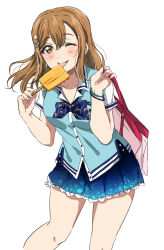 Rule 34 | 1girl, ;p, bag, blue bow, blue bowtie, blue skirt, blue vest, bow, bowtie, bracelet, brown hair, collarbone, food, hair ornament, hairclip, highres, holding, holding bag, jewelry, kunikida hanamaru, licking, long hair, looking at viewer, love live!, love live! school idol festival, love live! sunshine!!, one eye closed, over shoulder, popsicle, short sleeves, simple background, skirt, smile, solo, star (symbol), star hair ornament, sweat, tongue, tongue out, vest, vorupi, white background, yellow eyes