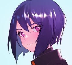 Rule 34 | 1girl, blue background, blush, ghost in the shell, ghost in the shell: sac 2045, kusanagi motoko, looking at viewer, portrait, purple eyes, purple hair, shigi 0, simple background, solo