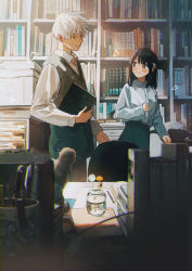 Rule 34 | 1boy, 1girl, ahoge, black hair, blue shirt, blurry, blurry foreground, blush, book, bookshelf, brown eyes, brown sweater vest, chair, closed mouth, collared shirt, commentary request, day, desk, dress shirt, flower, hand up, highres, holding, holding book, indoors, light particles, long sleeves, looking at another, medium hair, office, office chair, open collar, original, pen, printer, shirt, short hair, smile, spiked hair, sunlight, sweater vest, swivel chair, tadano natsu, triangle, white hair, white shirt