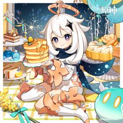 Rule 34 | 1girl, :t, absurdres, balloon, boots, cake, food, food on face, fork, fruit, genshin impact, highres, holding, holding plate, lemon, lemon slice, long hair, looking at viewer, official art, paimon (genshin impact), pancake, plate, purple eyes, sandwiched, sitting, slime (genshin impact), smile, tiered tray, wariza, white footwear, white hair, white romper