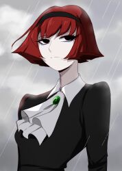 Rule 34 | 1girl, black eyes, black hairband, bob cut, brooch, closed mouth, cloud, cloudy sky, dress, expressionless, formal, hairband, highres, jewelry, lightsource, pale skin, r dorothy wayneright, rain, red hair, short hair, sky, solo, the big o, upper body