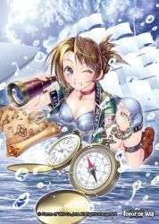 Rule 34 | 1girl, blue hair, blush, breasts, brown hair, cleavage, cloud, compass, copyright name, day, force of will, jewelry, long hair, map, necklace, official art, one eye closed, ponytail, ship, sky, solo, spyglass, teeth, watercraft