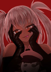 Rule 34 | 1girl, :p, absurdres, alabama (azur lane), azur lane, bare shoulders, bigboss021, black gloves, blush, commander (azur lane), dark-skinned female, dark skin, doll, gloves, glowing, glowing eyes, hands on own cheeks, hands on own face, highres, long hair, looking at viewer, open mouth, red background, red eyes, silver hair, simple background, solo, tongue, tongue out, twintails, upper body, yandere