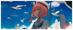 Rule 34 | bird, blue sky, blurry, blurry background, closed mouth, depth of field, dress, english text, from side, hair ornament, hair tie, hat, highres, isshiki (ffmania7), lighthouse, looking up, low twintails, medium hair, mole, mole under eye, nijisanji, outdoors, pink eyes, pink hair, sailor collar, sailor hat, sasaki saku, sasaki saku (3rd costume), seagull, sky, smile, solo focus, star (symbol), star hair ornament, twintails, upper body, virtual youtuber, white dress, white headwear, white sailor collar