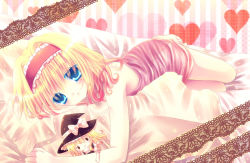 Rule 34 | 1girl, alice margatroid, bare shoulders, barefoot, bed, blonde hair, blue eyes, blush, character doll, doll, female focus, hairband, heart, kirisame marisa, lying, momomiya mion, nightgown, on stomach, solo, touhou