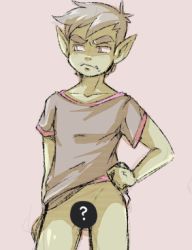 Rule 34 | 1boy, beast boy (dc), bottomless, censored, colored skin, dc comics, green hair, green skin, looking away, lowres, male focus, pointy ears, solo, teen titans