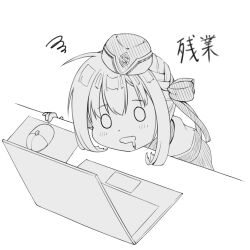 Rule 34 | 1girl, arihara nanami, blush, bow, chibi, close-up, commentary, computer, drooling, exhausted, from above, garrison cap, hair between eyes, hair bow, hair ribbon, hat, laptop, monochrome, mouse (computer), mouth drool, nako maguro2501, o o, open mouth, ribbon, riddle joker, sidelocks, simple background, sketch, solo, squiggle, translated, white background