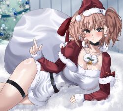 Rule 34 | 1girl, atlanta (kancolle), breasts, brown hair, cleavage, dr.plankton, earrings, hat, highres, jewelry, kantai collection, large breasts, looking at viewer, pointing, santa costume, santa hat, snow, solo, star (symbol), star earrings, thigh strap, two side up, winter