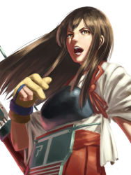 Rule 34 | 10s, 1girl, akagi (kancolle), arrow (projectile), bad id, bad pixiv id, breasts, brown eyes, brown hair, gloves, hakama, hakama short skirt, hakama skirt, highres, japanese clothes, kantai collection, lips, long hair, looking at viewer, michitarou, muneate, nose, open mouth, partially fingerless gloves, partly fingerless gloves, quiver, realistic, simple background, skirt, solo, tasuki, upper body, white background, yugake
