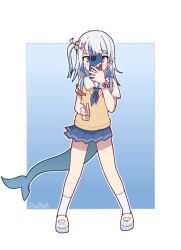 Rule 34 | 1girl, animated, audible music, blue eyes, blue hair, bracelet, dudul, fins, fish tail, gawr gura, hair ornament, hairclip, hololive, hololive english, holomyth, jewelry, long hair, multicolored hair, music, necktie, phone, pokedance (meme), school uniform, shark girl, shark tail, shoes, short sleeves, side ponytail, skirt, socks, solo, sound, swaying, sweater vest, tagme, tail, thighs, video, virtual youtuber, white hair