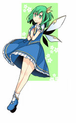 Rule 34 | 1girl, blue footwear, blue skirt, blue vest, blush, bracelet, closed mouth, daiyousei, fairy wings, full body, green eyes, green hair, hair ribbon, hands on own chest, haya taro pochi, jewelry, long hair, looking at viewer, neck ribbon, ribbon, shoes, side ponytail, skirt, skirt set, smile, socks, solo, touhou, vest, white socks, wings, yellow ribbon
