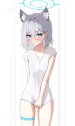 Rule 34 | 1girl, absurdres, animal ear fluff, animal ears, blue archive, blue eyes, blush, breasts, closed mouth, clothes pull, collarbone, cowboy shot, grey hair, hair between eyes, hair ornament, halo, hidulume, highres, long hair, looking at viewer, panties, see-through, shiroko (blue archive), shirt, shirt pull, small breasts, solo, standing, string panties, thigh gap, thigh strap, thighs, underwear, white background, white hair, white shirt