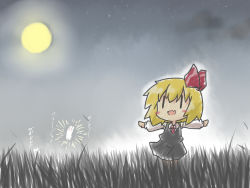 Rule 34 | artist self-insert, blonde hair, blush stickers, rabbit, chibi, cloud, comic, commentary request, fang, faux traditional media, full moon, goma (gomasamune), grass, hair ribbon, highres, long sleeves, moon, necktie, night, open mouth, outstretched arms, ribbon, rumia, short hair, skirt, smile, spread arms, star (sky), touhou, translation request, vest, | |