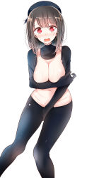 Rule 34 | 10s, 1girl, @ @, absurdres, alternate costume, beret, between legs, black gloves, black hat, black pantyhose, blunt bangs, blush, breast hold, breasts, brown hair, cleavage, collarbone, covering crotch, covering privates, crying, crying with eyes open, detached collar, elbow gloves, embarrassed, gloves, groin, hand between legs, hat, highres, huge filesize, incredibly absurdres, kantai collection, large breasts, navel, nontraditional school swimsuit, nose blush, oouso, pantyhose, red eyes, reverse outfit, reverse school swimsuit, reverse swimsuit, school swimsuit, short hair, simple background, solo, stomach, sweat, swimsuit, takao (kancolle), tears, topless, white background