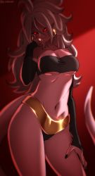 Rule 34 | 1girl, absurdres, android 21, black sclera, bracelet, breasts, cleavage, colored sclera, colored skin, dragon ball, dragon ball fighterz, earrings, highres, hoop earrings, jewelry, large breasts, long hair, looking at viewer, majin android 21, medium breasts, navel, pea-bean, pink skin, pointy ears, red eyes, simple background, smile, solo, tail, underboob, underwear, white hair
