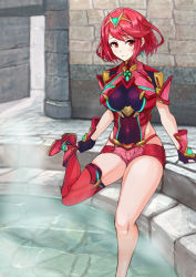 Rule 34 | 1girl, armor, asymmetrical legwear, bad id, bad pixiv id, breasts, covered navel, fingerless gloves, gloves, half-closed eyes, highres, large breasts, looking at viewer, nintendo, partially submerged, pyra (xenoblade), red eyes, red hair, short hair, short shorts, shorts, single thighhigh, sitting, skindentation, smile, swept bangs, thighhighs, tiara, undressing, uneven legwear, vambraces, xenoblade chronicles (series), xenoblade chronicles 2