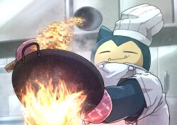 Rule 34 | bowl, buttons, chef hat, closed eyes, closed mouth, clothed pokemon, commentary request, cooking, creatures (company), fangs, fangs out, fire, game freak, gen 1 pokemon, hat, highres, indoors, jacket, kotobukkii (yt lvlv), nintendo, oven mitts, pokemon, smile, snorlax, steam, white headwear, wok