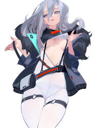 Rule 34 | 1girl, absurdres, belt, belt pouch, black jacket, black shirt, blue eyes, bodysuit, breasts, character request, clothes lift, commentary request, copyright request, cowboy shot, grandia lee, grey hair, hands up, highres, jacket, lifted by self, long hair, looking at viewer, medium breasts, open clothes, open jacket, pantyhose, parted lips, pouch, shirt, shirt lift, simple background, skindentation, solo, suspenders, thigh strap, underboob, white background, white bodysuit, white pantyhose
