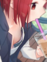 Rule 34 | 1girl, bench, blurry, bra, breast focus, breasts, bubble tea, cleavage, downblouse, drink, drinking, drinking straw, holding, holding drink, matching hair/eyes, original, outdoors, pink bra, red eyes, red hair, sho bu 1116, short hair, sitting, small breasts, solo, underwear