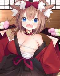 Rule 34 | 1girl, ^^^, afterimage, animal ear fluff, animal ears, bare shoulders, bell, black skirt, blue eyes, blush, braid, breasts, brown hair, cisyo, cleavage, collar, collarbone, commentary request, dango, ear wiggle, fang, food, hair between eyes, hands up, highres, holding, holding tray, indoors, japanese clothes, jingle bell, kimono, large breasts, long hair, melonbooks, neck bell, off shoulder, open mouth, original, plate, pleated skirt, red collar, red kimono, sanshoku dango, sarashi, single braid, skirt, solo, sweat, tears, tray, wagashi