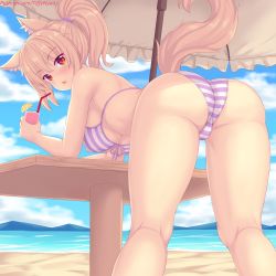 Rule 34 | 1girl, animal ears, ass, bare shoulders, beach, bent over, bikini, blonde hair, blush, breasts, cameltoe, cat ears, cat tail, from behind, hanging breasts, highres, huge ass, large breasts, leaning, leaning forward, long hair, looking at viewer, looking back, nottytiffy, open mouth, original, ponytail, red eyes, shiny skin, solo, swimsuit, tail, tiffy (nottytiffy), umbrella