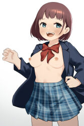 Rule 34 | 1girl, :d, blue eyes, blue skirt, blush, bow, bowtie, breasts, breasts apart, brown hair, cowboy shot, female focus, highres, jacket, kai-o, long sleeves, looking at viewer, medium breasts, navel, nipples, open clothes, open jacket, open mouth, original, plaid, plaid skirt, pleated skirt, red bow, red bowtie, short hair, simple background, skirt, smile, solo, standing, teeth, upper teeth only, white background